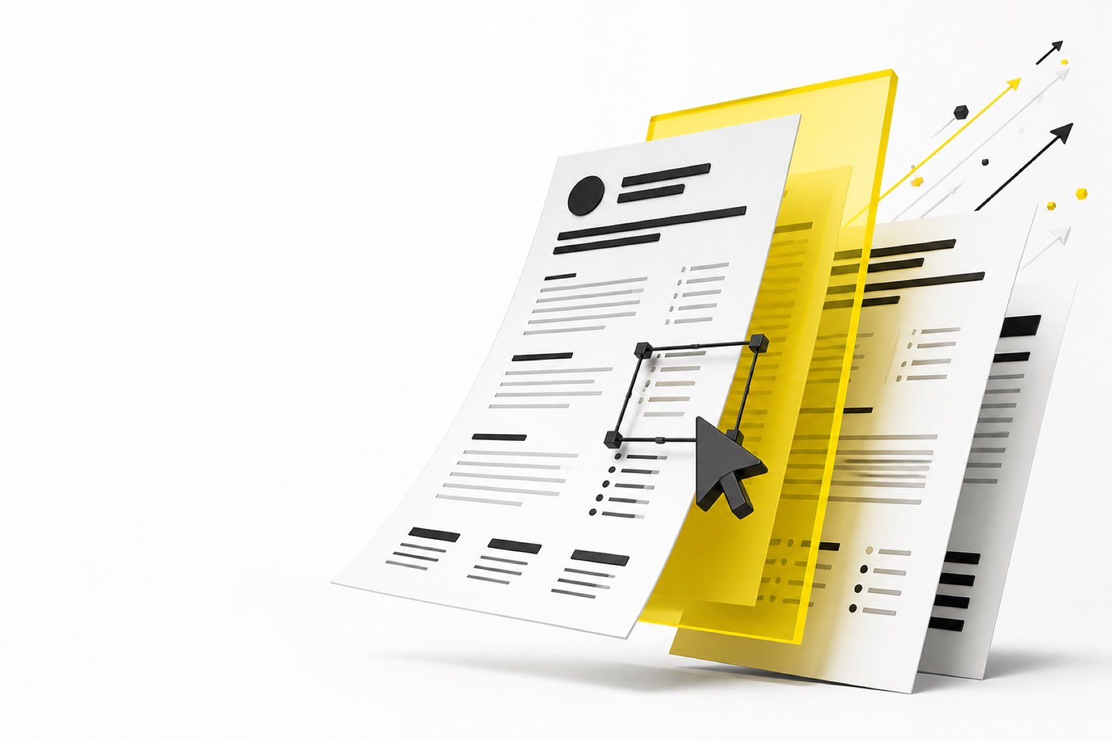 Dimensional resume pages with bright yellow visual elements